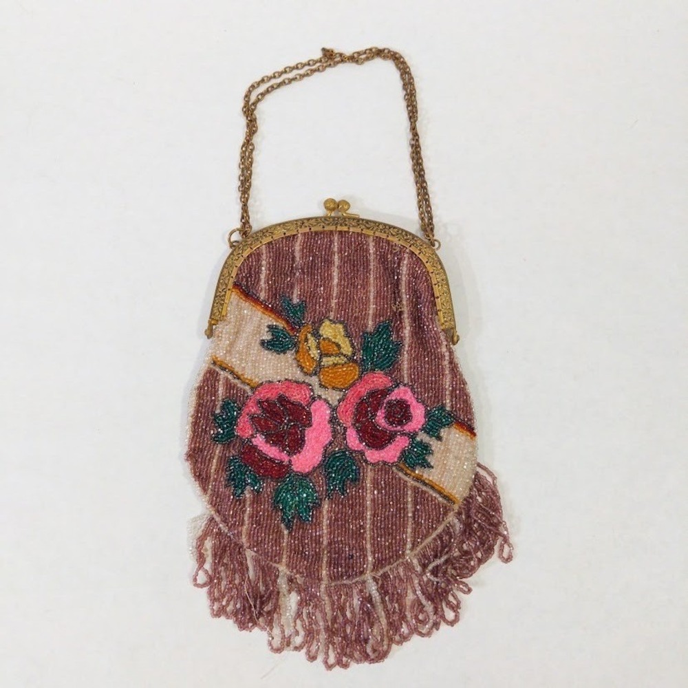 Antique 1920s Micro Beaded Purse Rose Floral Flapper Bag w/ Mirror 1929 Card Vtg - Picture 12 of 14